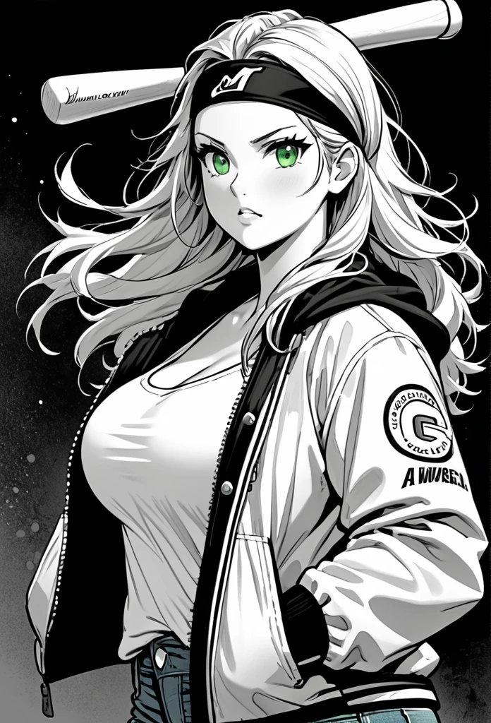 chubby girl, blonde,A green streak in her hair, green eyes, long hair, open forehead, no bangs, shaggy hair, headband, jacket, jacket in black and white square, blue jeans, baseball bat, big breasts