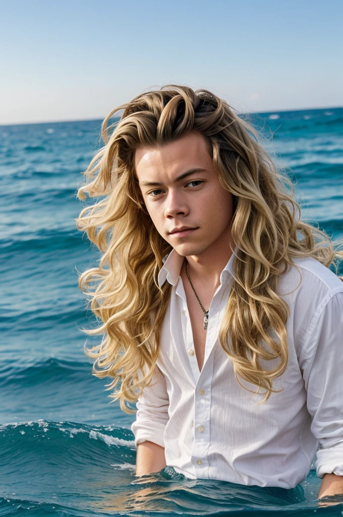 Harry Styles ager with long blonde hair in waves