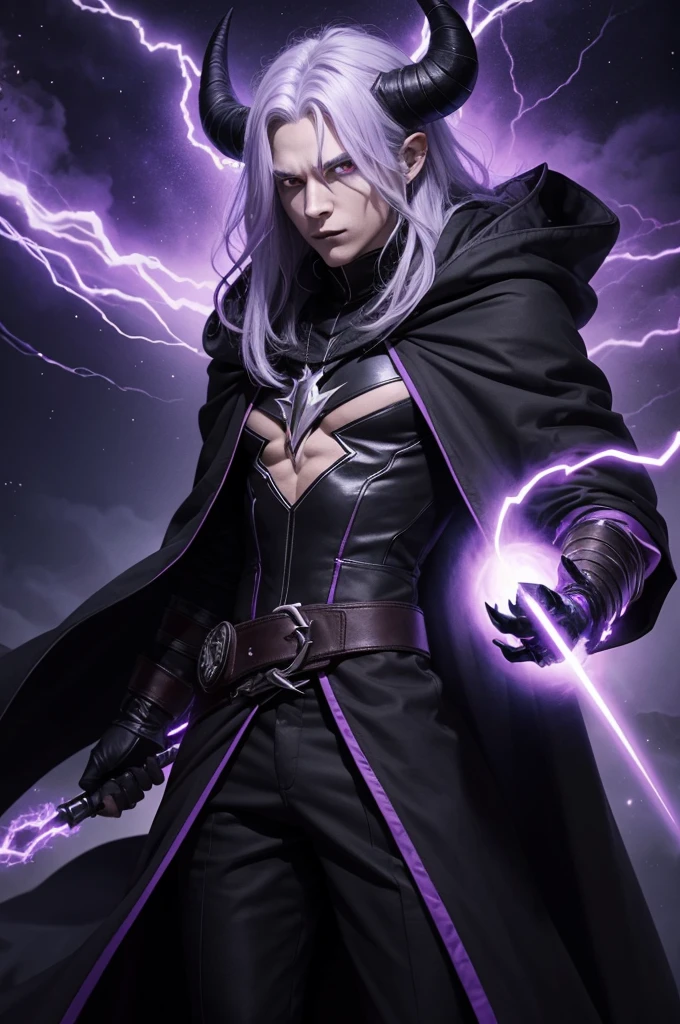 demon wizard who has a fire glove, and black lightning powers, with horns and without wings, with a black cloak and purple clothes with medium-long white hair