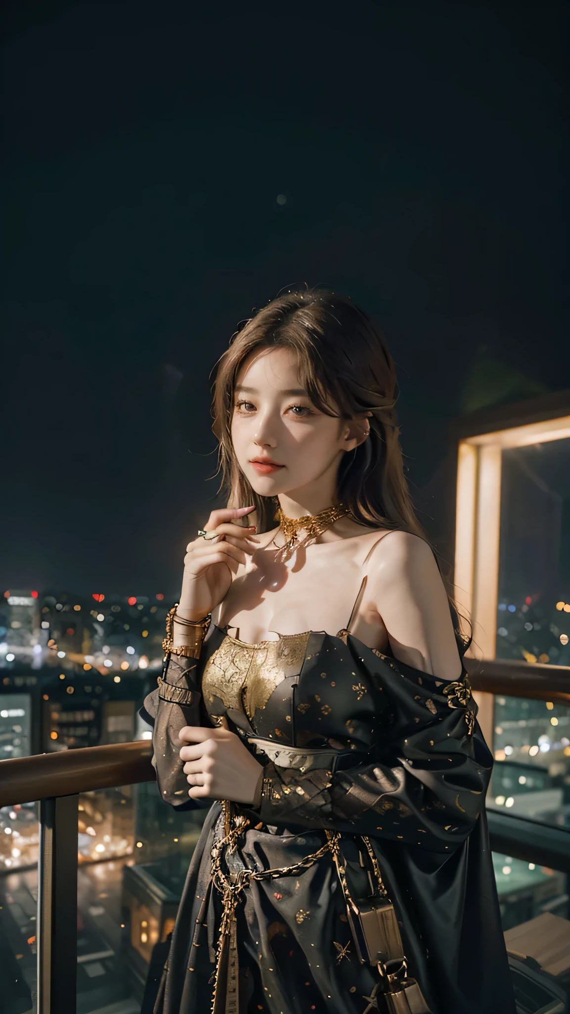 Gold handcuffs on the chain, around the neck,Dense city background with (many colorful Lights:1.2), from Skyscraper, { Volumetric lighting | 8K-resolution | bokeH | Professional camera work with Hasselblad | (Glow light effect) | Trajectories } .