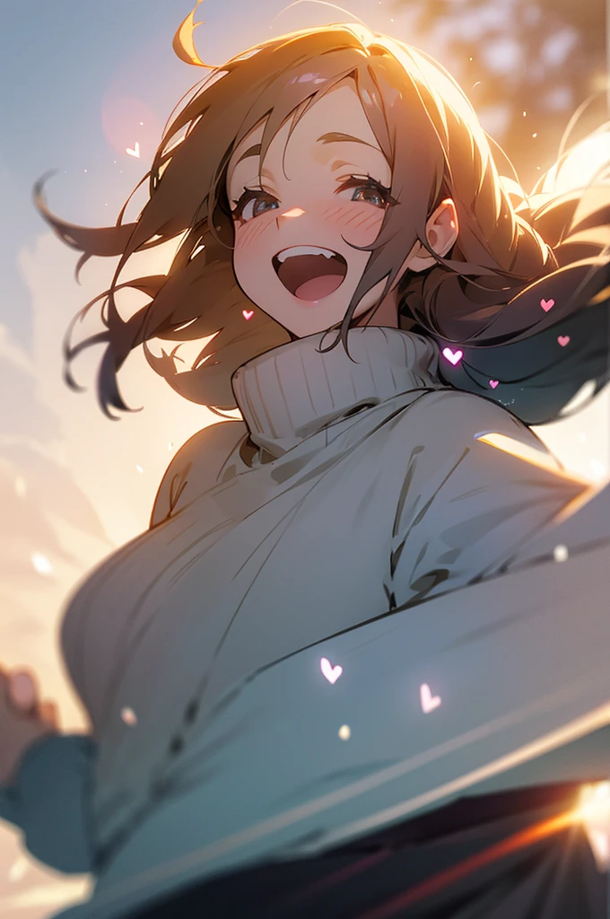 a girl, cosy sweater on, upper body, (huge Laughing:1.1), (open mouth:1.1), (wide open eyes:1.2), sun glare, bokeh, depth of field, blurry background, light particles, strong wind, (heart particles:1.1)