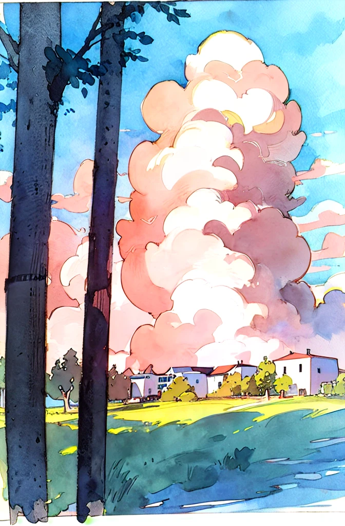 no humans, cloud, scenery, sky, painting (medium), outdoors, traditional media, watercolor (medium), tree, building, cloudy sky, mountain, blue sky, lamppostï¼sky, best quality  