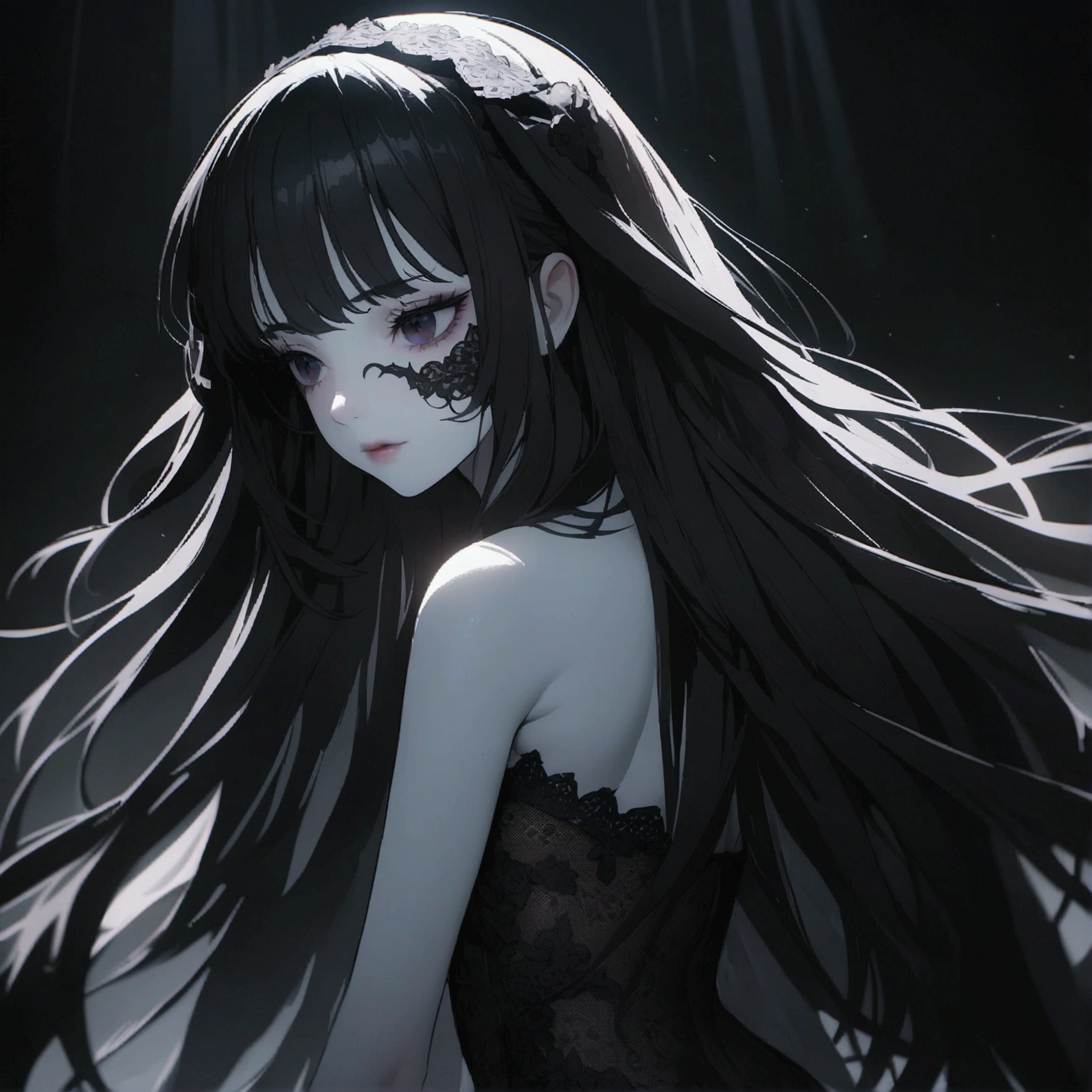 a gothic ta girl, detailed facial features, intricate lace dress, pale skin, long dark hair, dramatic lighting, cinematic composition, highly detailed, 4k, dynamic bowed down pose, (naked body), sexy lingerie