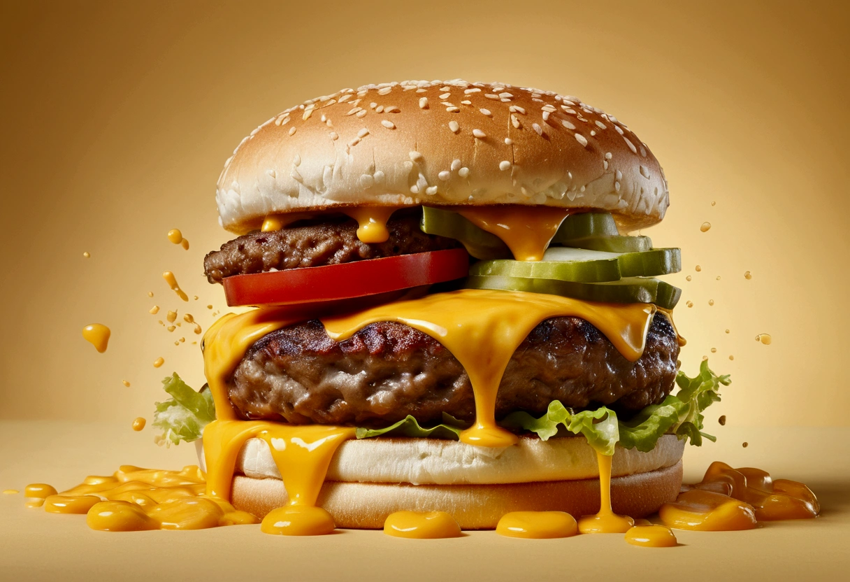 a picture of a cheeseburger, cheese splashing in the elegant cream color background like in a commercial, everything in focus

