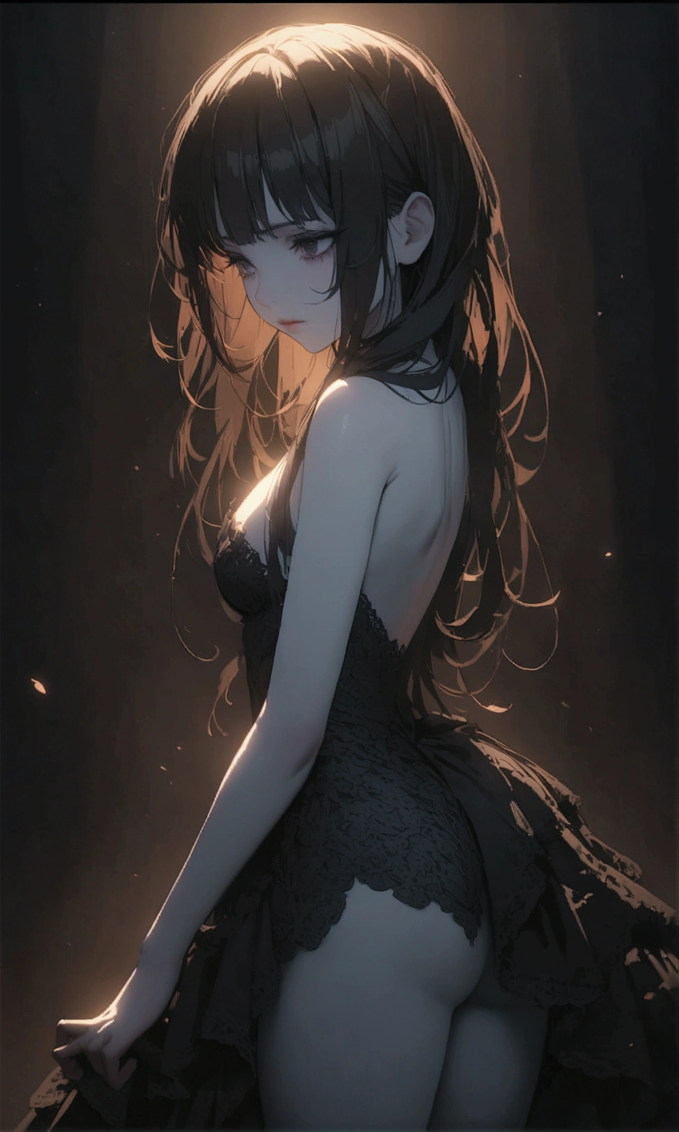 a gothic ta girl, detailed facial features, intricate lace dress, pale skin, long dark hair, dramatic lighting, cinematic composition, highly detailed, 4k, dynamic bowed down pose, (naked body), sexy