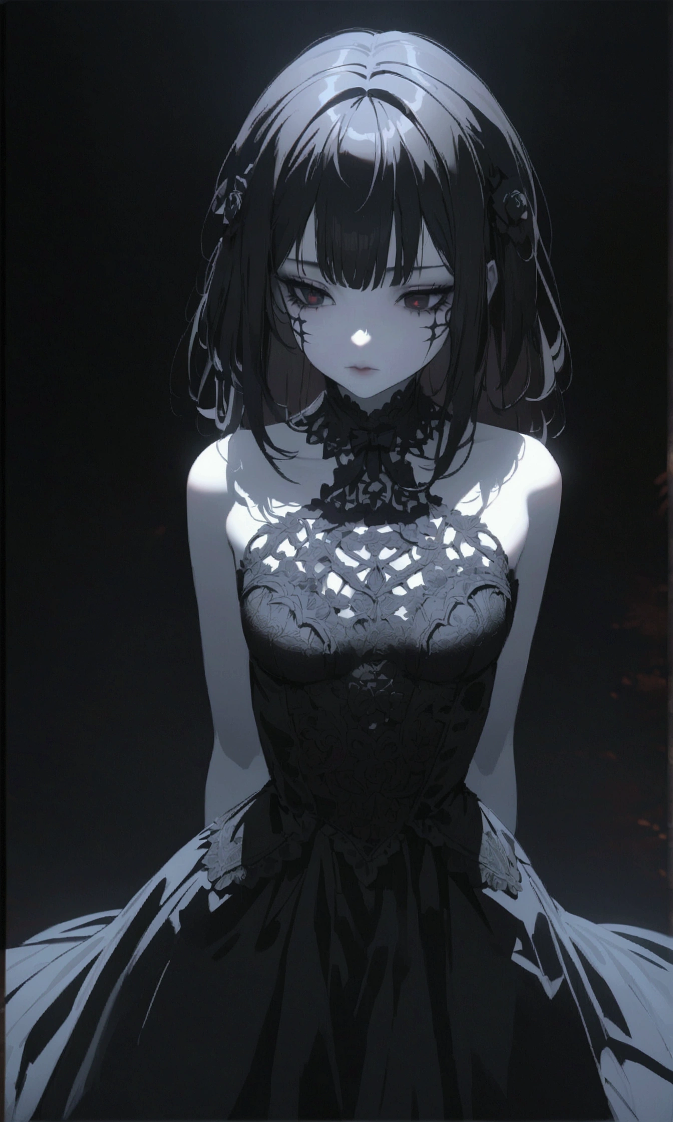 a woman with long black hair, pale skin, intense black eyes, wearing a long black dress,dark gothic,moody,dramatic lighting, dramatic shadows,cinematic,intricate details,porcelain skin,piercing gaze,long eyelashes,soft features,elegant,haunting,creepy,unsettling,mysterious, bangs, curvy, chubby