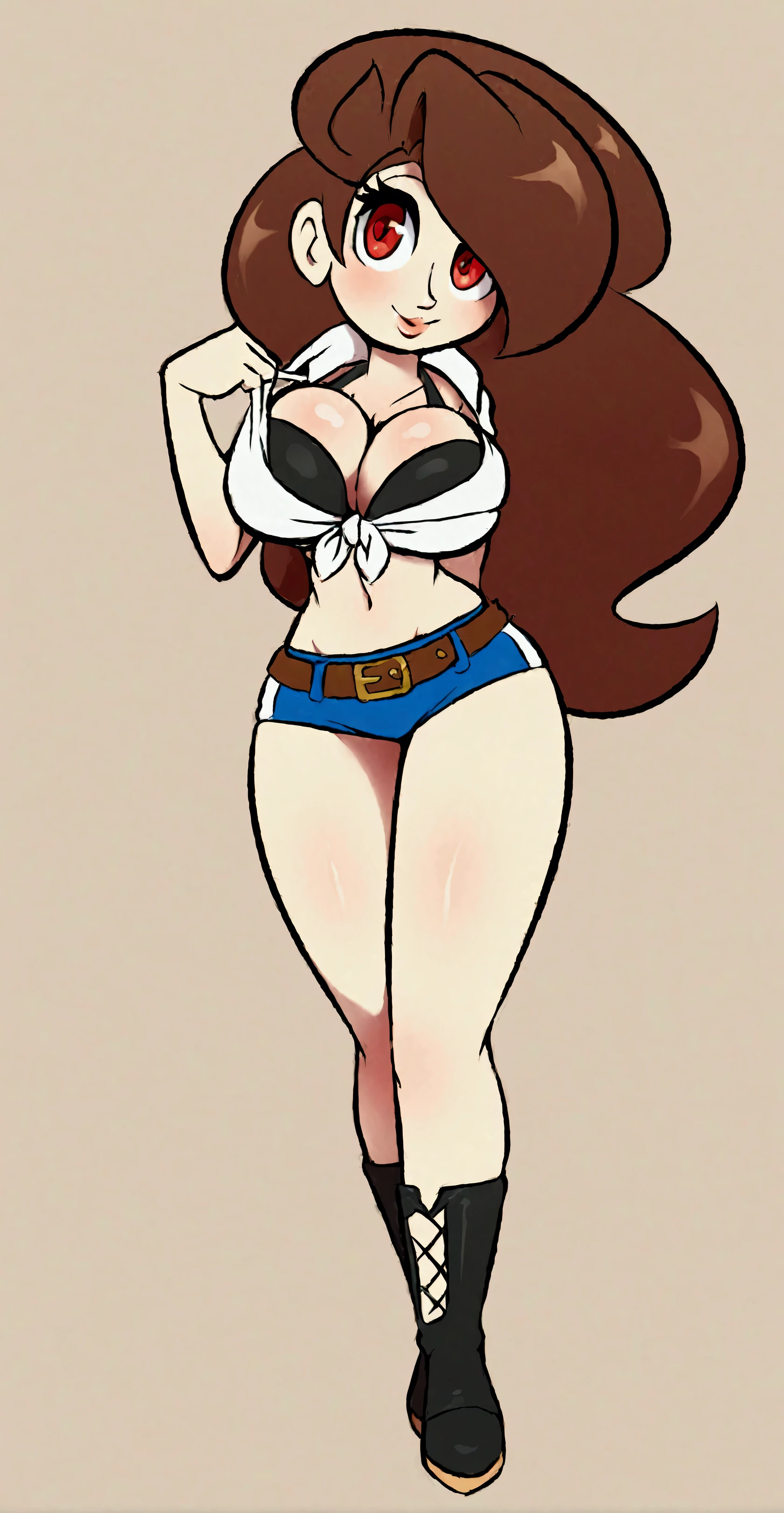 A tall girl, sexy, beautiful, big breast, cute, long brown hair, her red eye, wears a short white beach shirt, shows her chest, a black bra, and a short blue short, a brown belt, and a black heel.