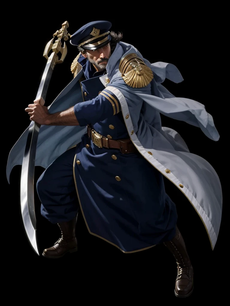 A man in captain's robes, with hat on head, holding an epée, is smiling