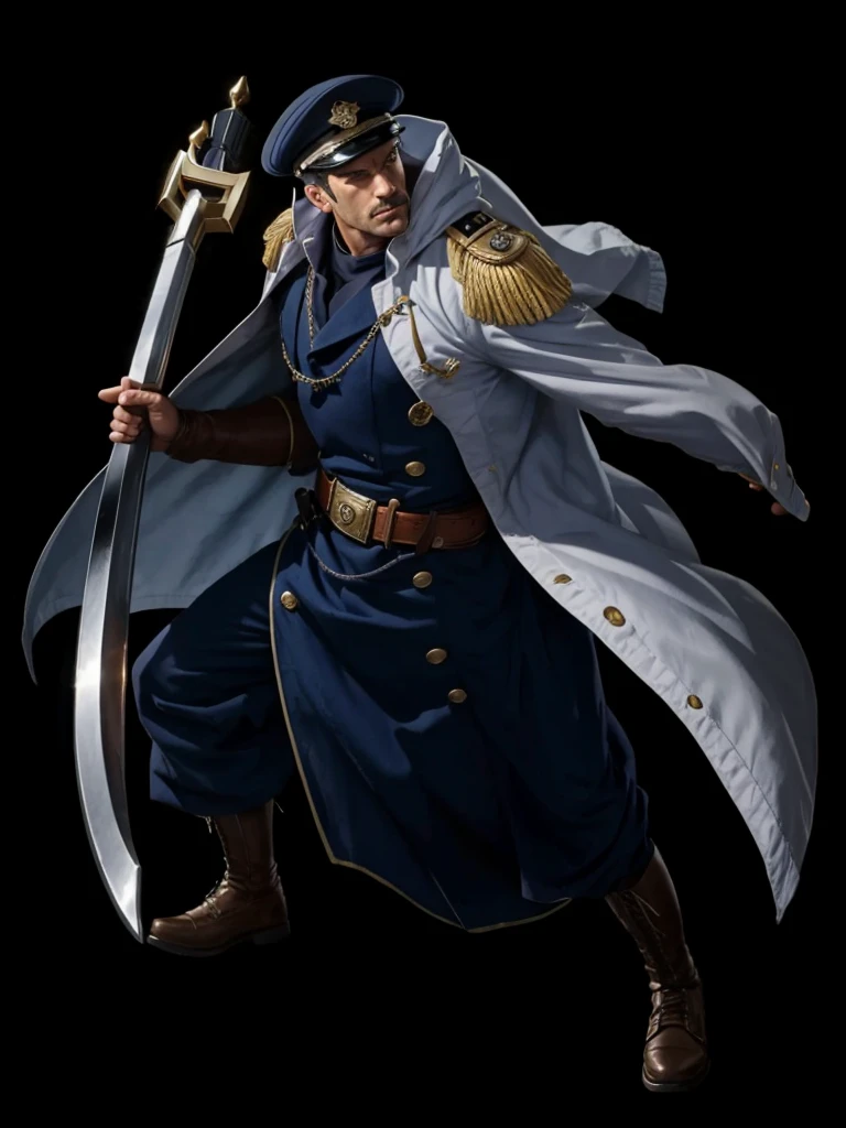A man in captain's robes, with hat on head, holding an epée, is smiling
