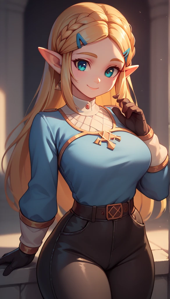 High resolution, Very detailed, perfect lighting, beautiful detailed eyes, ((masterpiece,Best Quality)), absurdities, Alone, princess zelda, by the wide, crown braid, Hair clip, pointy ears, blue shirt, long sleeves, Gloves without fingers, black gloves, Black pants, tight pants, smile, curves, nod, ,