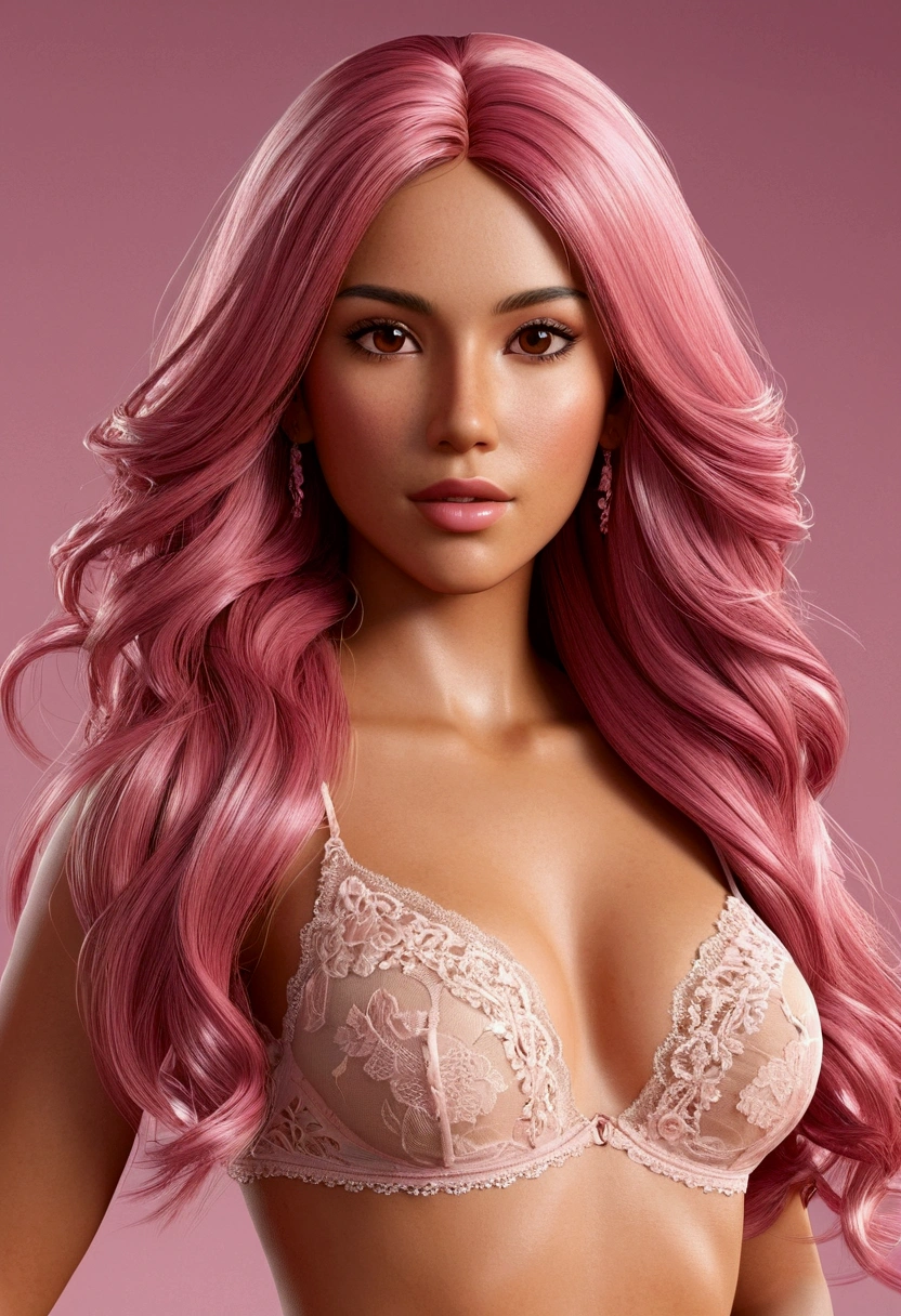 Create a high-quality, full-body model of a Latina woman styled like the model Aitana. The model should have long, flowing pink hair and a sexy, confident demeanor. Her eyes should be a warm amber color. The design should include both fully nude and partially nude options, featuring pink lingerie, with a focus on high resolution and intricate details