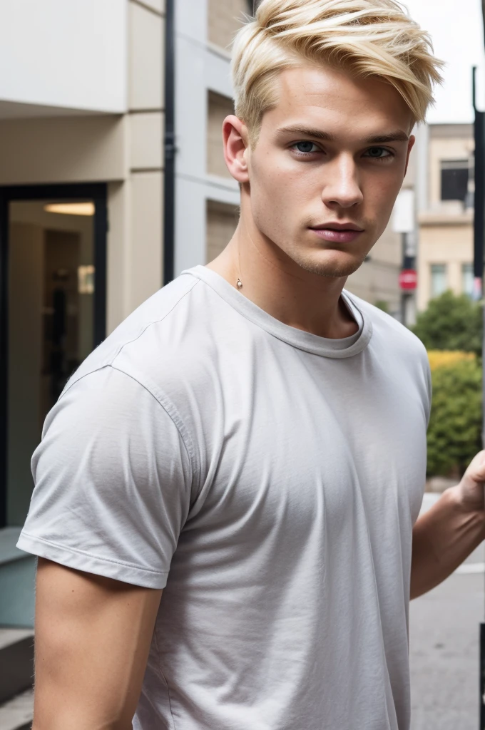blond man, sloppy appearance, casual clothing, short hair