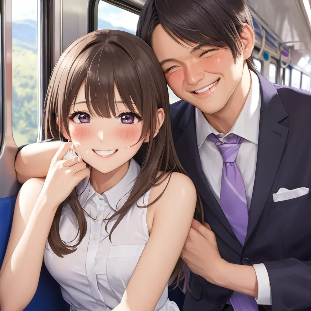 (masutepiece, Best Quality:1.4), Beautiful face, AKB48,Nogizaka46,8K, ,girl with, A Man, The girl is an 18-year-old student, Man is a 30-year-old office worker, On the train, Sitting side by side,  Man showing erection , Female is touched by a man,1girl in, 1boy, Sitting, (hand job:1.5), a couple,Man is naked,(Yor:1.3),(Smile:1.2),(facials:1.5),(cum on facial:1.5),(Ejaculate on hand:1.5),(full-face blush:1.3),