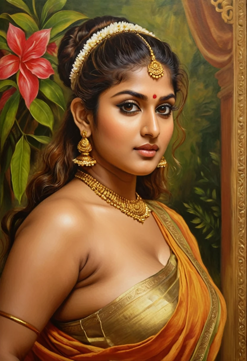 Looks like Nayanthara, ((detailed nude right breast)), exotic Indian art, inspired by oviyar maruthi style painting, inspired by mohanan manimala, Full figured beautiful woman, Apsara, Masterpiece, Beautiful Thick Woman, Best quality, high clarity eyes, critically flawless,sharp picture, Full portrait, High pixels, perfect face, perfect eyes, beautiful face, perfect hands,perfect fingers, in Peter Paul Rubens style, by Peter Paul Rubens, baroque style, acrylic on canvas, highly detailed, description: "Create a nymph inspired by the tales of Greek or Roman mythology, embodying the essence of a natural element or location, and possessing a unique ability or trait that sets her apart."