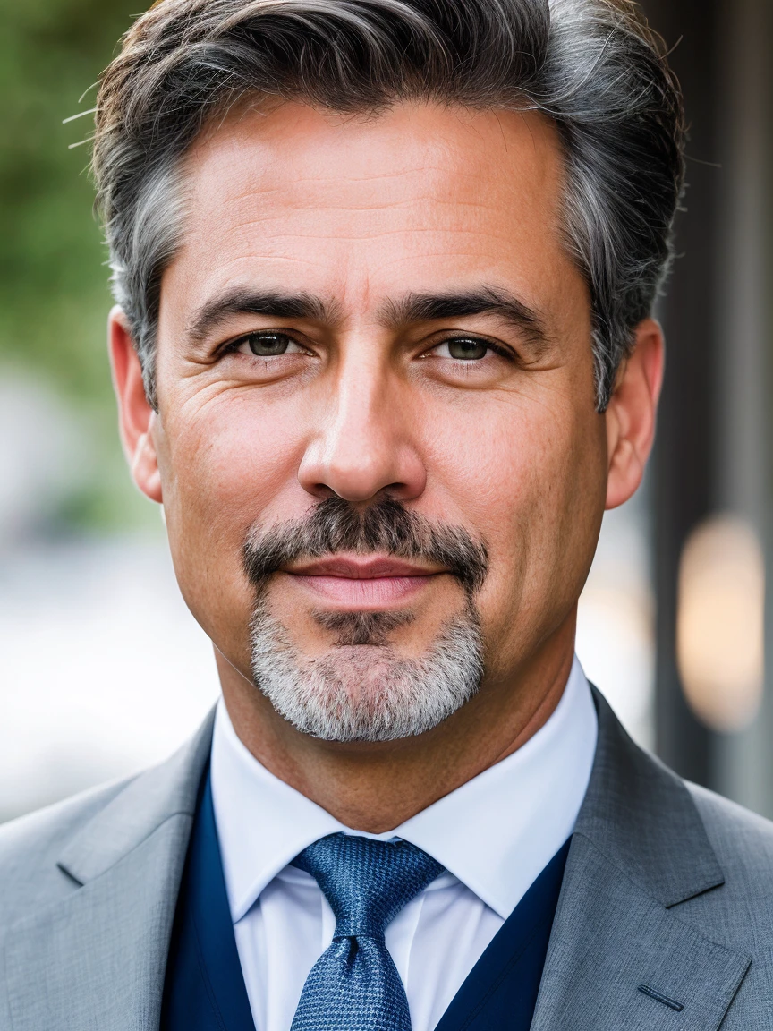 one portrait photo (very detailed skin:1.2), 8k Ultra HD, digital SLR camera, soft lighting, high qulity, hyper realist, attractive 46 year old man, elegant gray suit, short brown hair, gray eyes, sad expression, squared chin, marked facial features, lobby