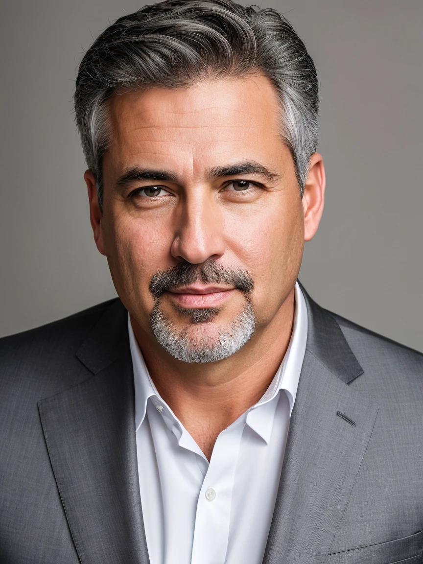 one portrait photo (very detailed skin:1.2), 8k Ultra HD, digital SLR camera, soft lighting, high qulity, hyper realist, attractive 46 year old man, elegant gray suit, short brown hair, gray eyes, sad expression, squared chin, marked facial features, lobby
