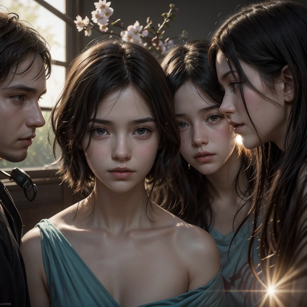 portrait of 3 young people in musical studiob(backlight), realisitic, work of art, highest quallity, Lens flare, ombre, blossom, [[Chromatic aberration]], por Jeremy Lipking, by Antonio J.. Manzanedo, digitalpainting, Estilo-GlassFinal, natural skin texture