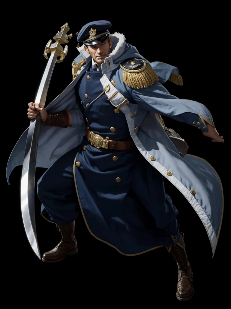 A man in captain&#39;s robes, with hat on head, he has a sword, is smiling