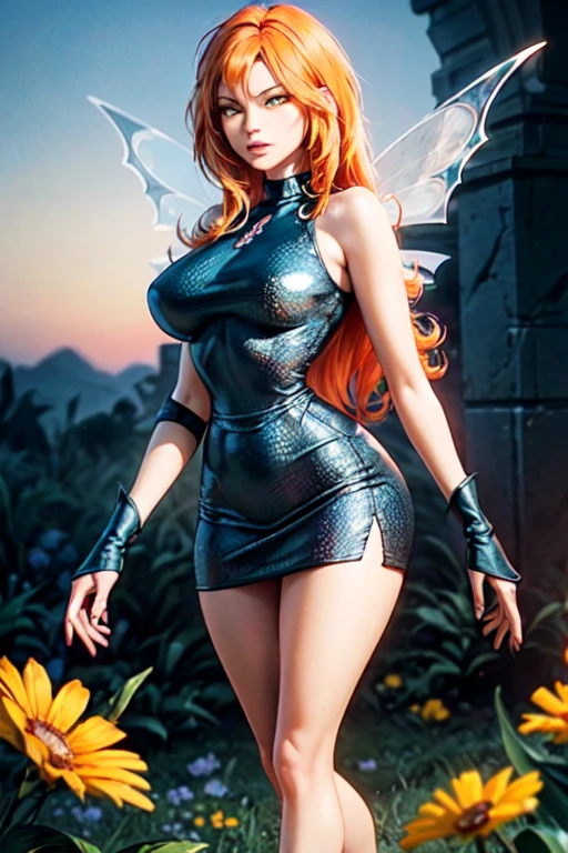 (ultra realistic,32 mil, Artwork:1.2),(highly detailed skin:1.1),( high qualiy:1.1),
flowers escura,evil, hair orange, yellow  eyes, booties, Black Skirt, mitts, black jersey, wings, Glossy clothing, thick-thighs, campo de flowerses, flowers,sunshine light, pollen, pollen particles, nblurry background,, (Huge breasted,large breasted:1.1),(looking ahead at viewer, standing:1.1),(volumetric lighting:1.1),