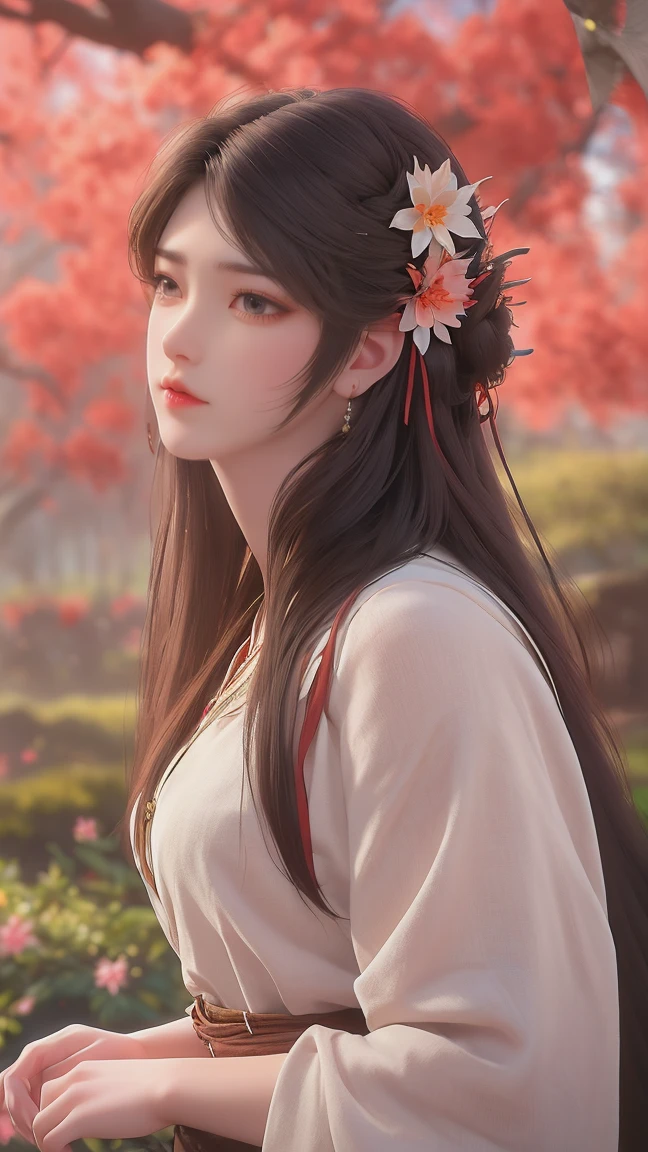 (best quality,ultra-detailed,photorealistic:1.37),vivid colors,studio lighting,beautiful detailed eyes,beautiful detailed lips,extremely detailed eyes and face,long eyelashes,portraits,black hair,confident expression,feminine,standing in a garden,soft sunlight, scenery,flower blossoms,peaceful atmosphere,artistic touch,textured brushstrokes,subtle color variations,brilliant white highlights,delicate movements,graceful pose,slight breeze,rustling leaves,sophisticated style,professional artwork,female beauty.