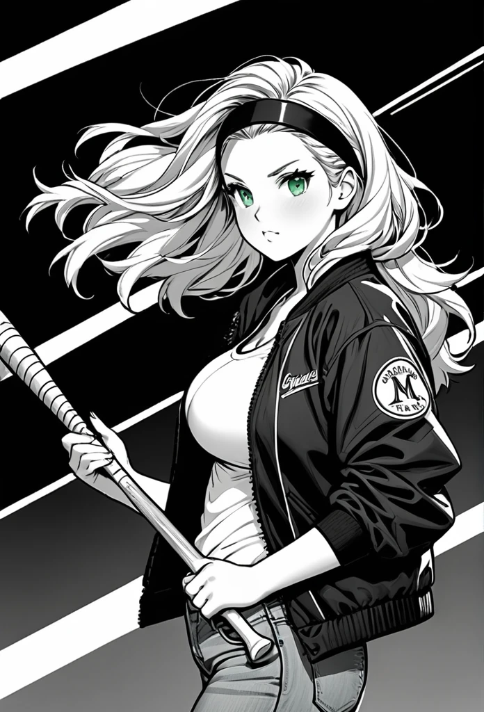 chubby girl, blonde,A green streak in her hair,  green eyes, long hair, open forehead, no bangs, shaggy hair, headband, jacket, jacket in black and white square, blue jeans, baseball bat, big breasts in his hand, slung over his shoulder 