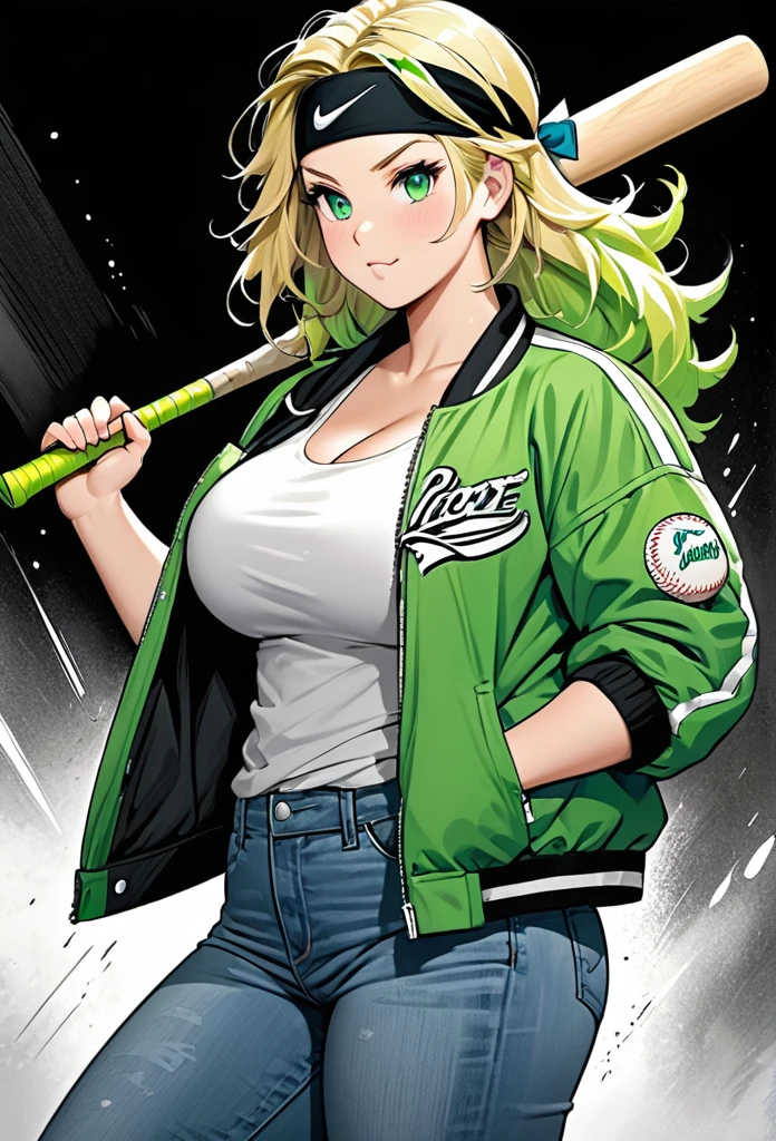 chubby girl, blonde,A green streak in her hair, green eyes, long hair, open forehead, no bangs, shaggy hair, headband, jacket, jacket in black and white square, blue jeans, baseball bat, big breasts in his hand, slung over his shoulder