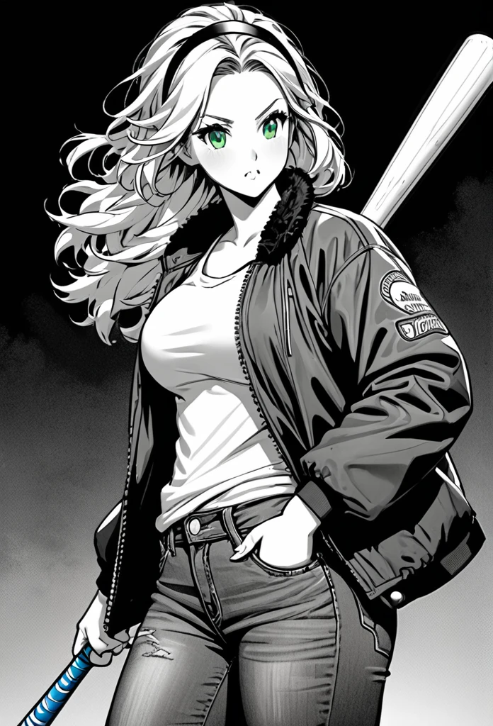 chubby girl, blonde,A green streak in her hair, green eyes, long hair, open forehead, no bangs, shaggy hair, headband, jacket, jacket in black and white square, blue jeans, baseball bat, big breasts in his hand, slung over his shoulder