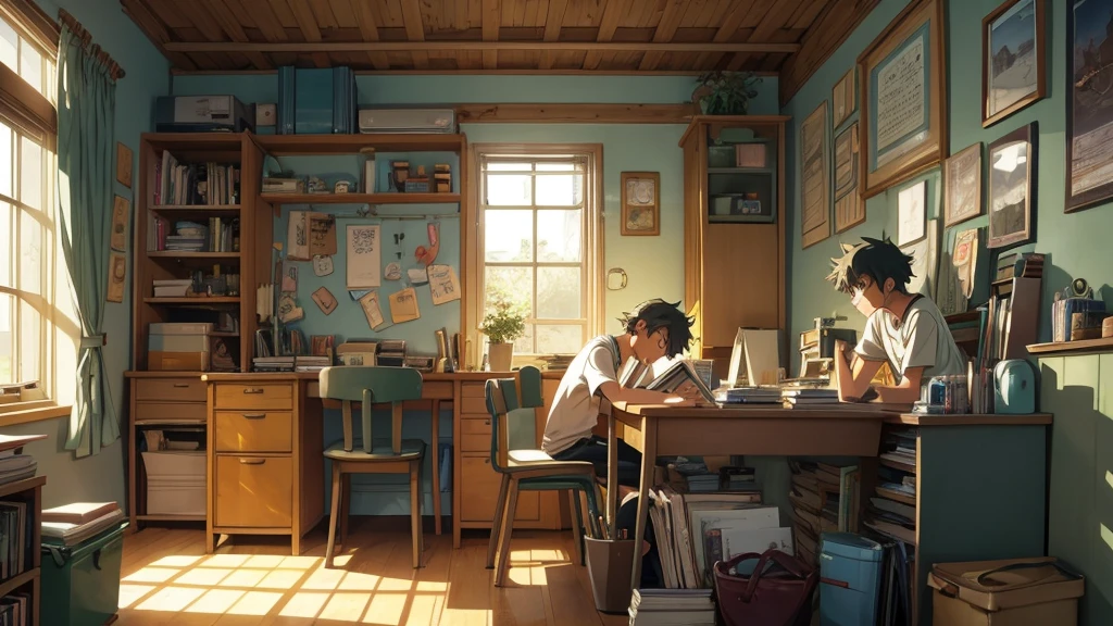 studio Ghibli or Lofi illustrations.  boy reading a book at his desk thoughtful in his room "modern" listening to music with headphones, details of your room