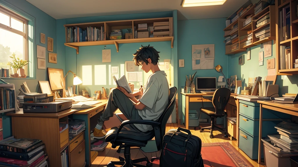 studio Ghibli or Lofi illustrations. teenage boy reading a book at his desk thoughtful in his room "modern" listening to music with headphones, details of your room