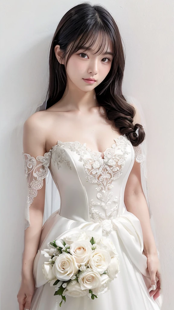 (wedding bun hair:1.2), (wedding dress,intricate dress, ball gown, bridal veil, bride, curtains, depth of field, dress, flower, hair flower, hair ornament, see-through,white flower, white rose:1.1)、Perfect Anatomy