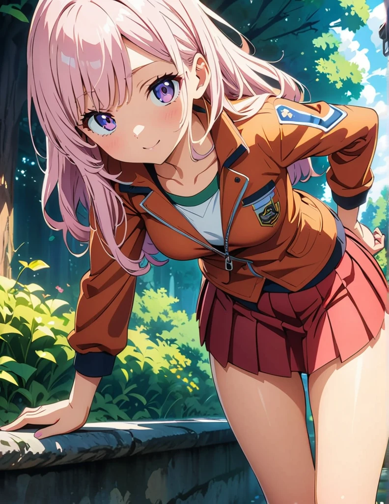 (anime artwork, anime style, studio anime, very detailed, up to date, vibrant, Anime Coloring, high contrast, masterpiece:1.2, best quality, best aesthetics),army suit, pleated skirt, Medium chest, A glimpse of thighs,random hair, One eye is hidden by the bangs, perfect proportions, high detail skin, Cute, detailed faces,forest, precise fingers,panty shot ,roll over,on side