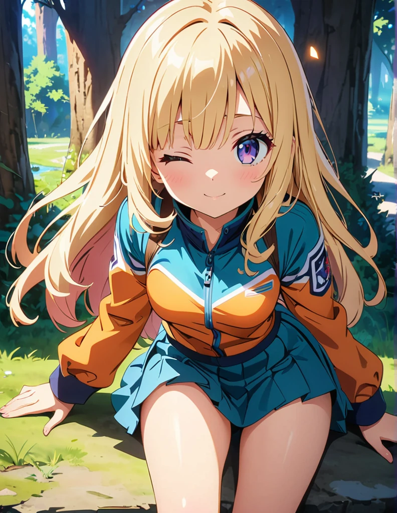 (anime artwork, anime style, studio anime, very detailed, up to date, vibrant, Anime Coloring, high contrast, masterpiece:1.2, best quality, best aesthetics),army suit, pleated skirt, Medium chest, A glimpse of thighs,random hair, One eye is hidden by the bangs, perfect proportions, high detail skin, Cute, detailed faces,forest, precise fingers,panty shot ,roll over,on side
