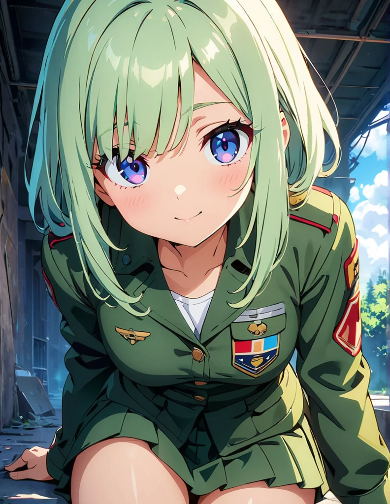 (anime artwork, anime style, studio anime, very detailed, up to date, vibrant, Anime Coloring, high contrast, masterpiece:1.2, best quality, best aesthetics),army suit, pleated skirt, Medium chest, A glimpse of thighs,random hair, One eye is hidden by the bangs, perfect proportions, high detail skin, Cute, detailed faces,forest, precise fingers,panty shot ,roll over,on side 