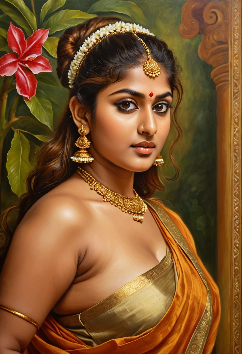 Looks like Nayanthara, ((detailed nude right breast)), exotic Indian art, inspired by oviyar maruthi style painting, inspired by mohanan manimala, Full figured beautiful woman, Apsara, Masterpiece, Beautiful Thick Woman, Best quality, high clarity eyes, critically flawless,sharp picture, Full portrait, High pixels, perfect face, perfect eyes, beautiful face, perfect hands,perfect fingers, in Peter Paul Rubens style, by Peter Paul Rubens, baroque style, acrylic on canvas, highly detailed, description: "Create a nymph inspired by the tales of Greek or Roman mythology, embodying the essence of a natural element or location, and possessing a unique ability or trait that sets her apart."