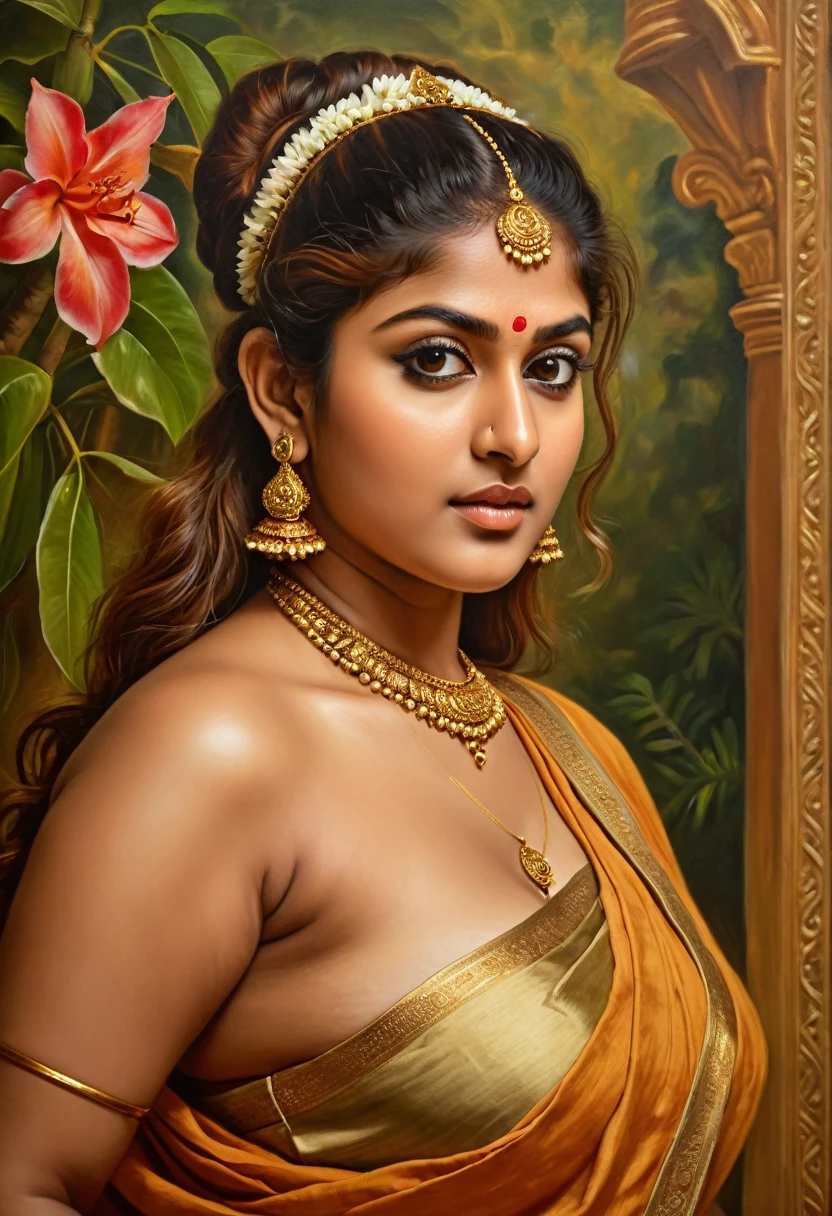 Looks like Nayanthara, ((detailed nude right breast)), exotic Indian art, inspired by oviyar maruthi style painting, inspired by mohanan manimala, Full figured beautiful woman, Apsara, Masterpiece, Beautiful Thick Woman, Best quality, high clarity eyes, critically flawless,sharp picture, Full portrait, High pixels, perfect face, perfect eyes, beautiful face, perfect hands,perfect fingers, in Peter Paul Rubens style, by Peter Paul Rubens, baroque style, acrylic on canvas, highly detailed, description: "Create a nymph inspired by the tales of Greek or Roman mythology, embodying the essence of a natural element or location, and possessing a unique ability or trait that sets her apart."