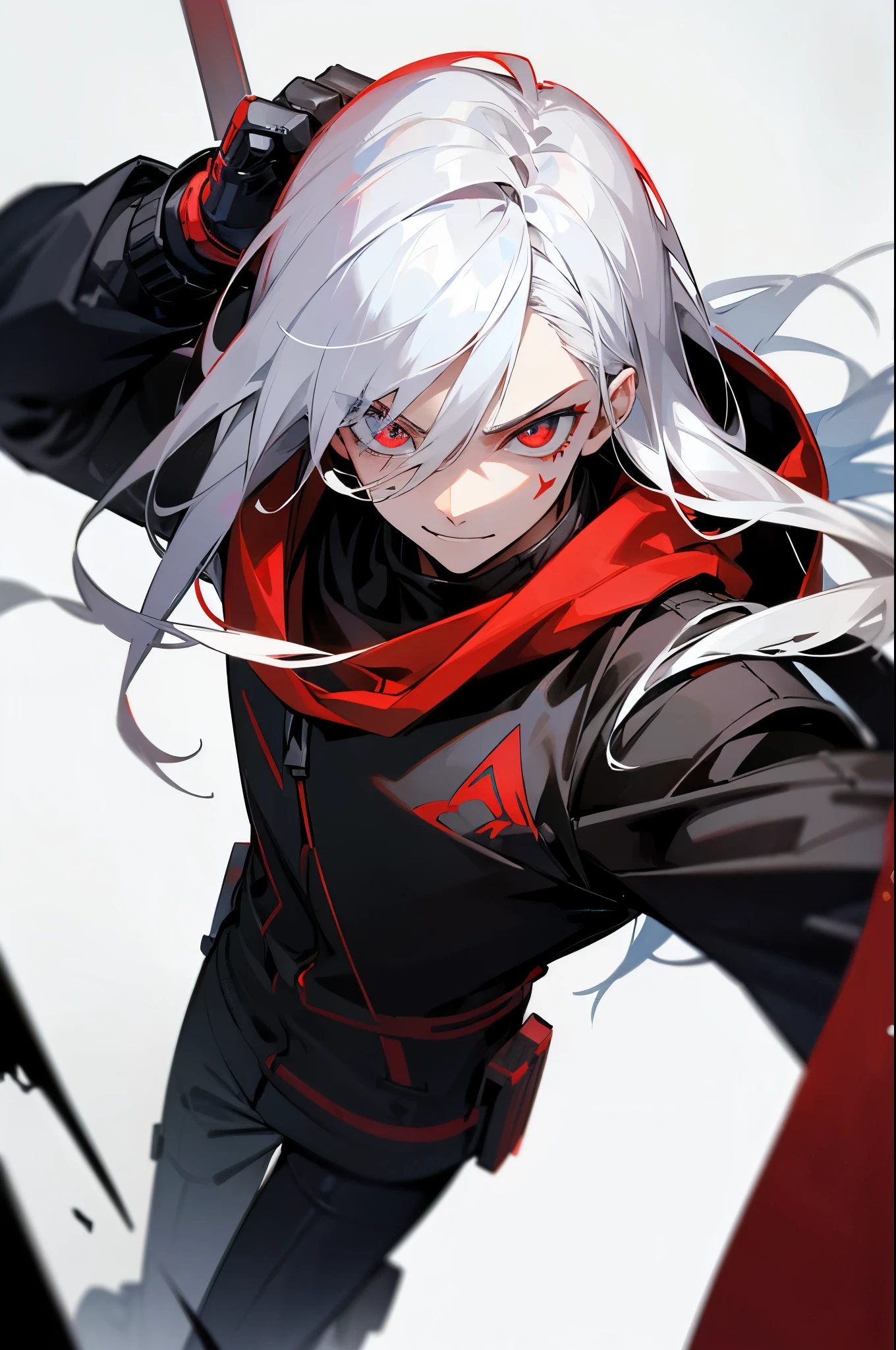 (high-quality, breathtaking),(expressive eyes, perfect face) portrait, Symmetrical Eyes, 1boy, male, teenager, solo, looking at viewer, portrait, simple background, white background, apocalyptic theme, ruined city buildings, alleyway, allen walker, red eye color, white hair, scar, facial mark, halfbody shot, long hair length, confident expression, charming, black and red jacket, hood, red trim, smirk, cyberpunk clothing, Abzu
