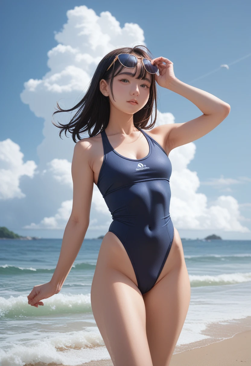 15 years old、Japanese Girl、Playing with the waves in a swimsuit at the beach