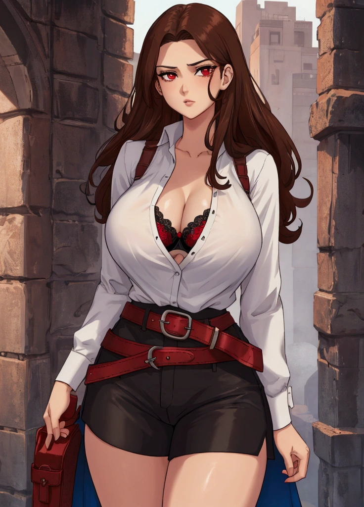 A tall girl, sexy, beautiful, big breast, cute, long brown hair, her red eye, wears a short white blouse, shows her chest, a black bra, and a short blue short, a brown belt, and a black heel.