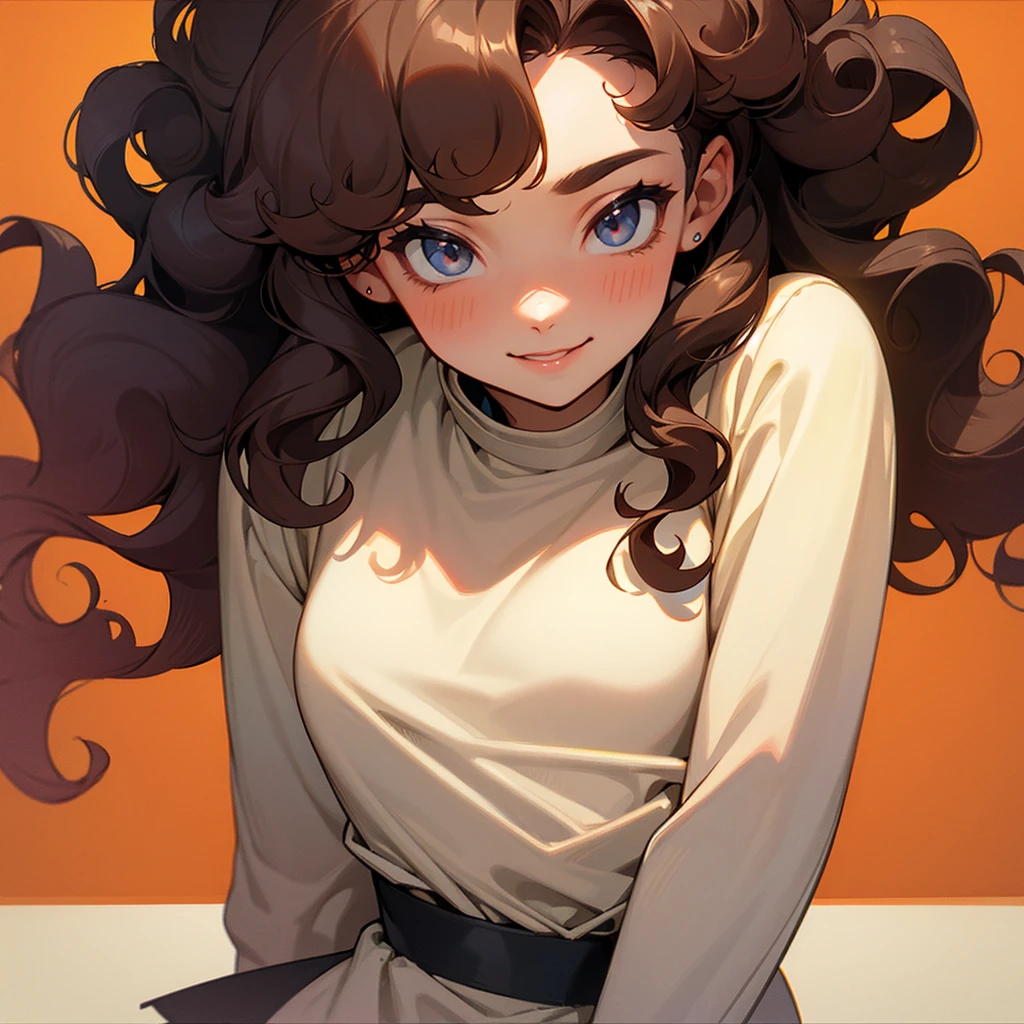 Square-jawed with curly hair reaching down to her lips and smiling
