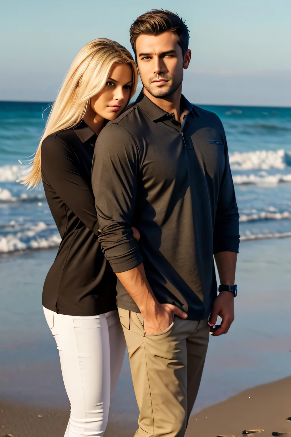 photorealistic image of a couple in a romantic embrace. Both people are looking towards the camera. The woman is a beautiful 5'11" tall 23 year old model with d-cup breasts and long straight bleach blonde hair is in a romantic embrace with a slightly taller 6'2" brunette 40 year old man. His hair is long on top short on the sides. The man has black hair. His hair is black. The man is husky and weighs about 250lbs. He is wearing khaki pants and a long sleeve black polo shirt with rolled up sleeves. He has a long sleeve shirt. She is wearing a low cut floral summer dress. Her hair is long and blonde and straight. They are standing together at the beach.
