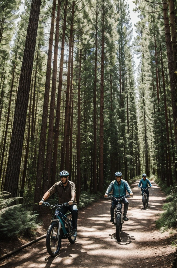 3 men with e-bikes and beer in their hands. Summer clothing. In the background forest courage forest path