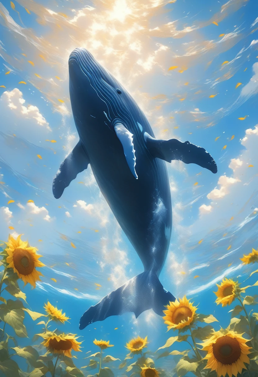 ((Masterpiece)), ((Best Quality)), (Very Detailed), ((Very Detailed)), 4K, (8K), very aesthetic, absurdres highres, A whale swims across a blue sky bathed in summer sunlight, drifting gracefully over a field of golden sunflowers. The smooth skin of the whale and the fine petals of the sunflowers create a grand and peaceful atmosphere, with the distant mountains in the background. Fluffy white clouds float in the sky, creating an overall bright and refreshing scene.