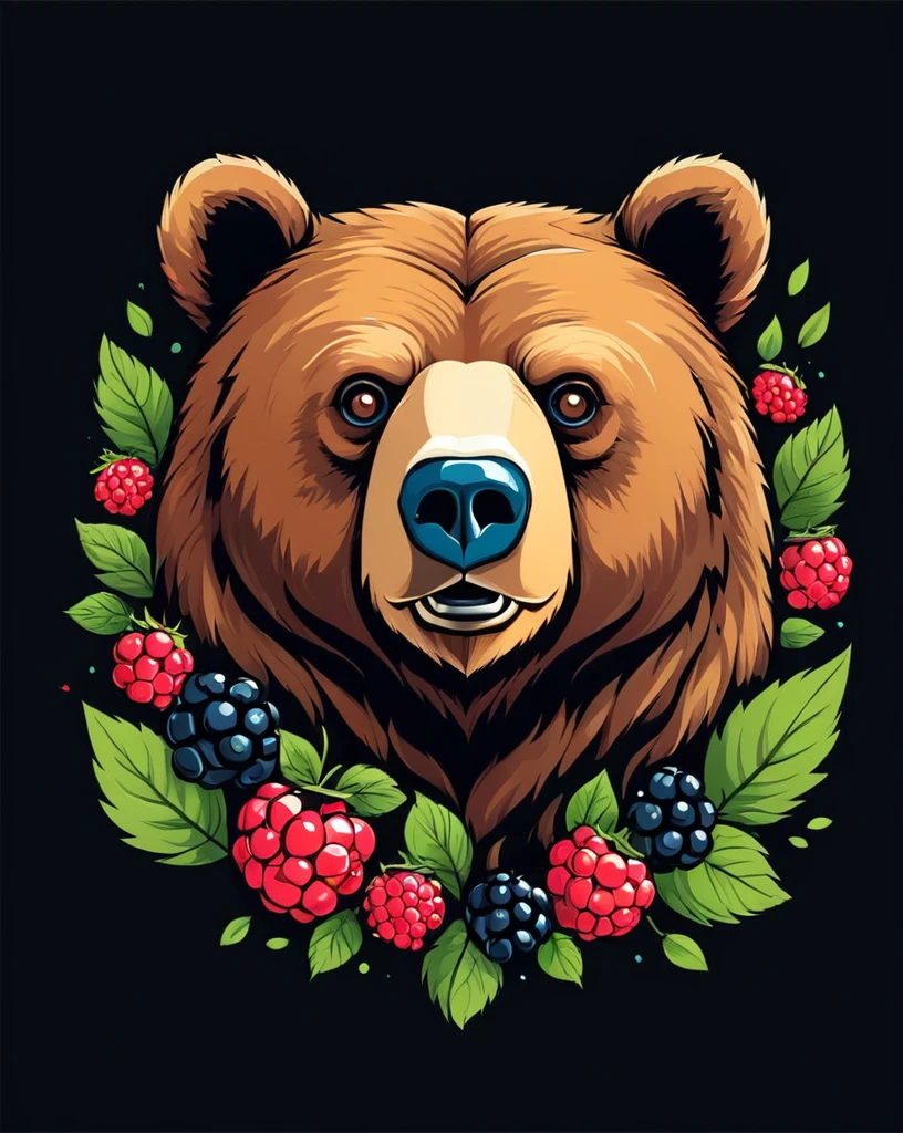 Bear head and wild berries advertising poster style, t shirt design, flat-colors, vector, ((black backdrop)) . proffesional, moderno, Product focus, Commercial, appealing, highy detailed