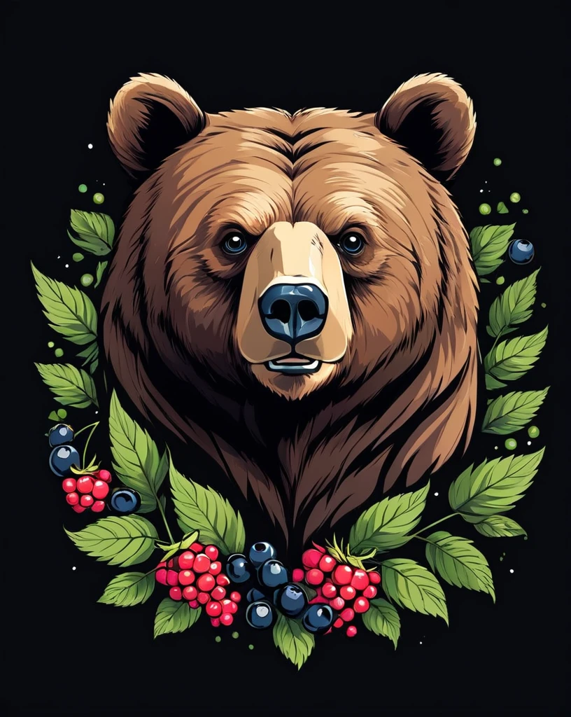 Bear head and wild berries advertising poster style, t shirt design, flat-colors, vector,  ((black backdrop)) . proffesional, moderno, Product focus, Commercial, appealing, highy detailed