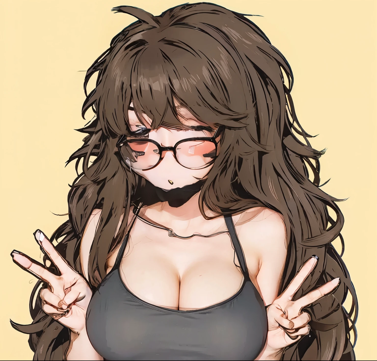Busty girl, tank top, peace sings, glasses, slight blush long hair