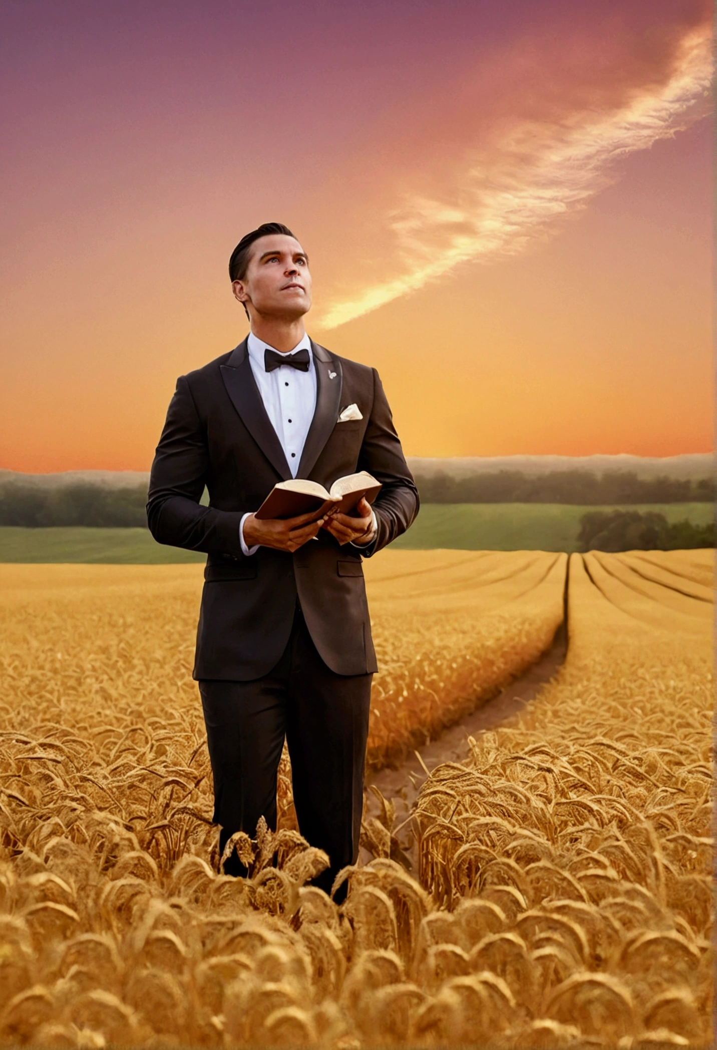 "Create an image where a man is in the center of a golden field at dusk, representing a moment of contemplation and determination. The man is elegantly dressed in a suit, symbolizing success and determination. In your hands, he holds an open Bible, reflecting your faith in Christ Jesus. Behind him, over the horizon, there is a golden path that stretches to a majestic wedding in the distance, representing your dreams of getting married.
Ao redor do homem, several gold coins shine on the field, symbolizing wealth and prosperity. The sky is painted with shades of orange and pink, evoking a feeling of peace and hope. No fundo, shadows of large modern buildings appear, representing professional success and goal achievement.
The man's eyes are focused on the path ahead, symbolizing your focus and determination to achieve your goals and dreams. Little rays of divine light seem to guide your path, reinforcing your belief and obstinacy in moving forward with faith."