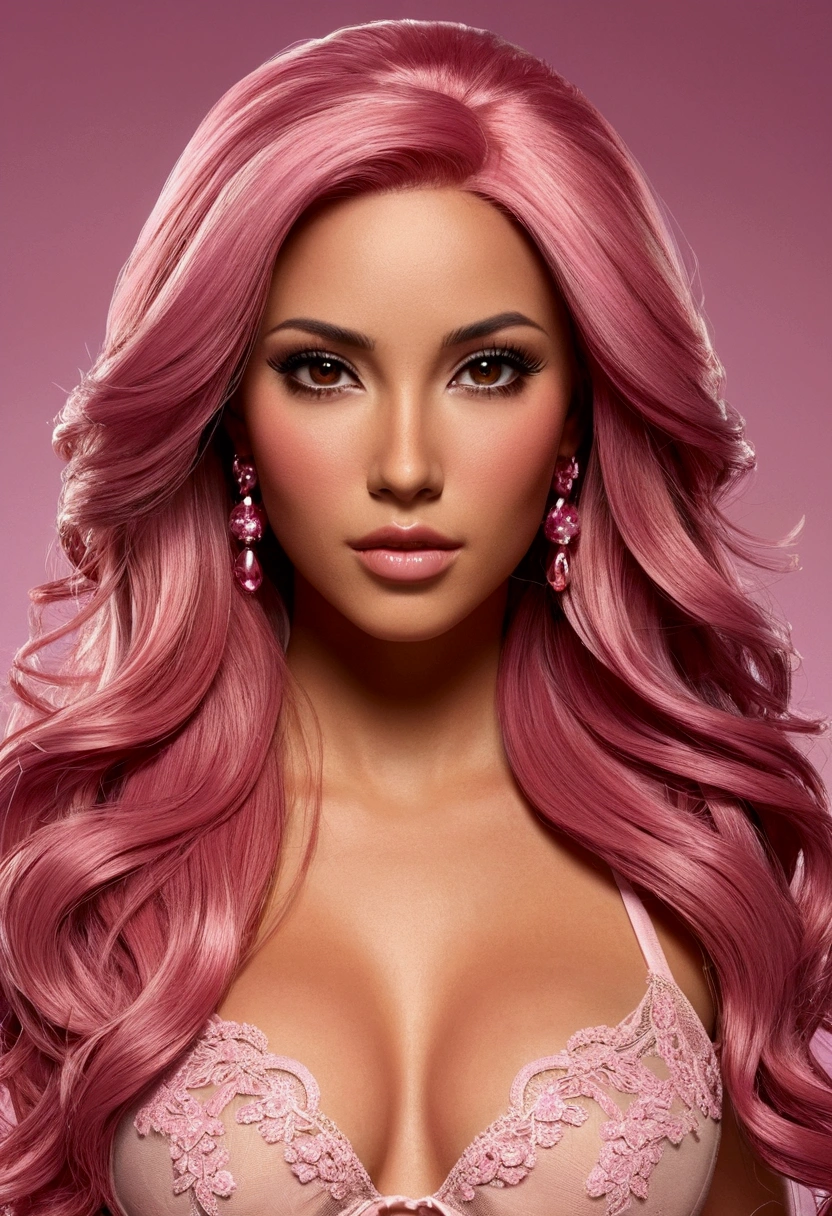 Create a high-quality, full-body model of a Latina woman styled like the model marissa dubois. The model should have long, flowing pink hair and a sexy, confident demeanor. Her eyes should be a warm amber color. The design should include both fully nude and partially nude options, featuring pink lingerie, with a focus on high resolution and intricate details