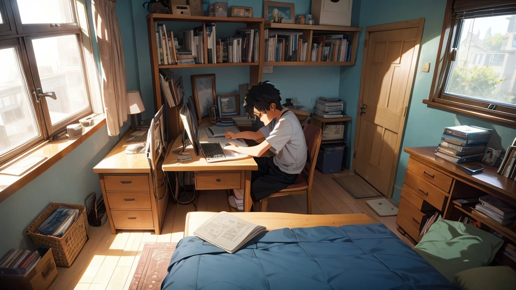 studio Ghibli or Lofi illustrations. age boy reading a book at his desk thoughtful in his room "modern" listening to music with headphones, details of your room