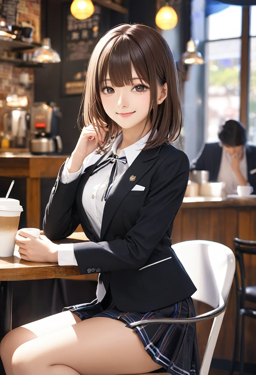 (8K)、(top-quality)、(masuter piece:1.2)、(realisitic)、(Photorealsitic:1.37)、ultra-detailliert、(One guy:1.2)、1girl in、White blouse, Black Suit、(Recruit suit:1.2)、２１age、college aged、a beauty girl、AKB48、nogizaka４６、(masutepiece, Best Quality:1.2), 8K, Official art, Raw photo, unbelievable Ridiculous, full body Esbian,   Pretty Face, No makeup, Film grain, chromatic abberation, Sharp Focus,  Dynamic lighting, Cinematic lighting, Eyes and faces with detailed, Bokeh background、(Urban Cafe:1.2)、(cafes:1.2)、(Sitting in a chair:1.1),(coffee on table:1.2)、(A smile:1.3)、(Smaller chest:1.2)、Fringe hair, hime haircut, Brown hair,Medium Hair、(cowboy  shot:1.2)、Job hunting、Interview with a guy in a café、Black jacket、Black miniskirt、Black pumps、clean legs、(The man is fat middle-aged:1.2)、the man is on a６０age、(Man in suit:1.2)、Sit across the table from each other、personal computers、pens、notebook、curriculum vitae、documents、Pulling legs、Open your legs to show your crotch、white  panties、Lift the bottom of the skirt、Twisted skirt、Many customers behind the scenes、Customers are looking at me、