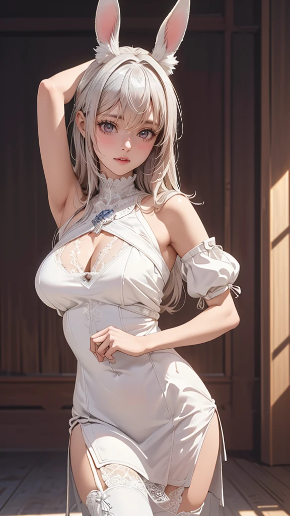 from behind,backwards,stretching,(have a sword,leather boots,asymmetrical armor,(long embroidered white lace dress,see through,lift up the hem of the dress)),Bunny ears,silver hair,(tanned skin:1.2),(Thin type:1.8),(big breasts),(random hairstyle),(Highest image quality,(8k),ultra-realistic,best quality, high quality, high definition, high quality texture,high detail,beautiful detailed,fine detailed,extremely detailed cg,detailed texture,a realistic representation of the face,masterpiece,Sense of presence)